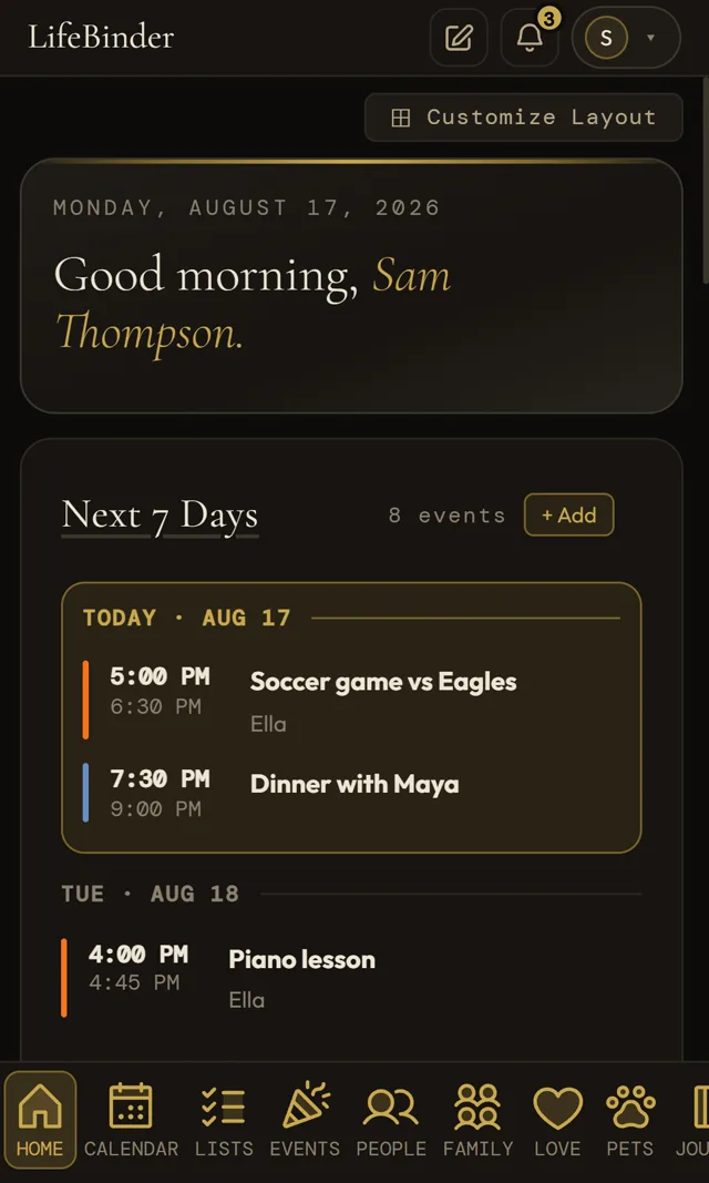 LifeBinder dashboard with a greeting and the next seven days of family events