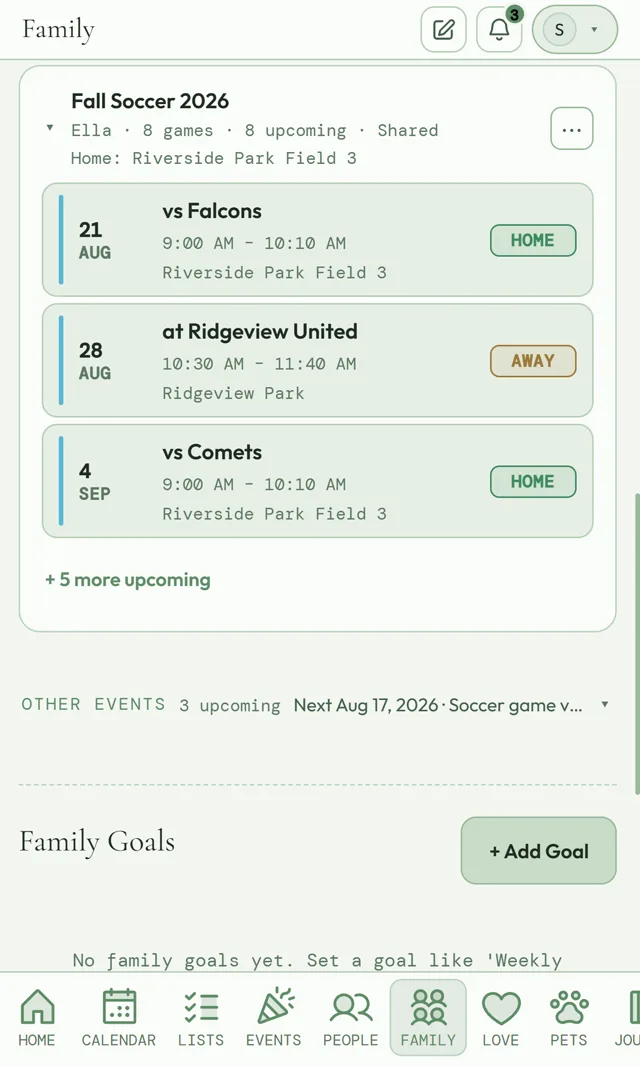 LifeBinder kid schedule page showing the Fall Soccer 2026 season with home and away games